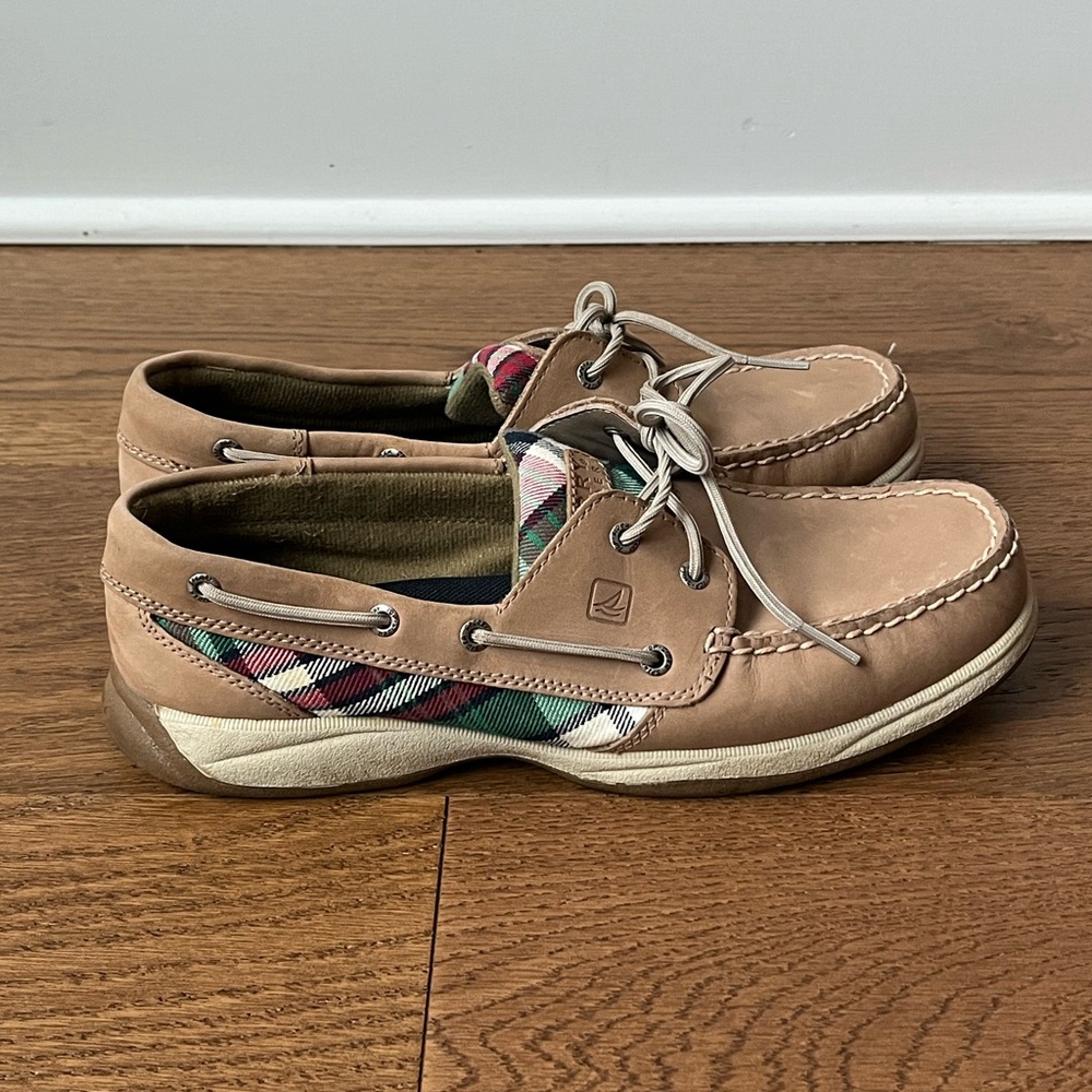 Sperry Top Sider Size 9.5 Khaki Leather Plaid Preppy Bluefish Oxford Boat Shoes - Picture 2 of 13